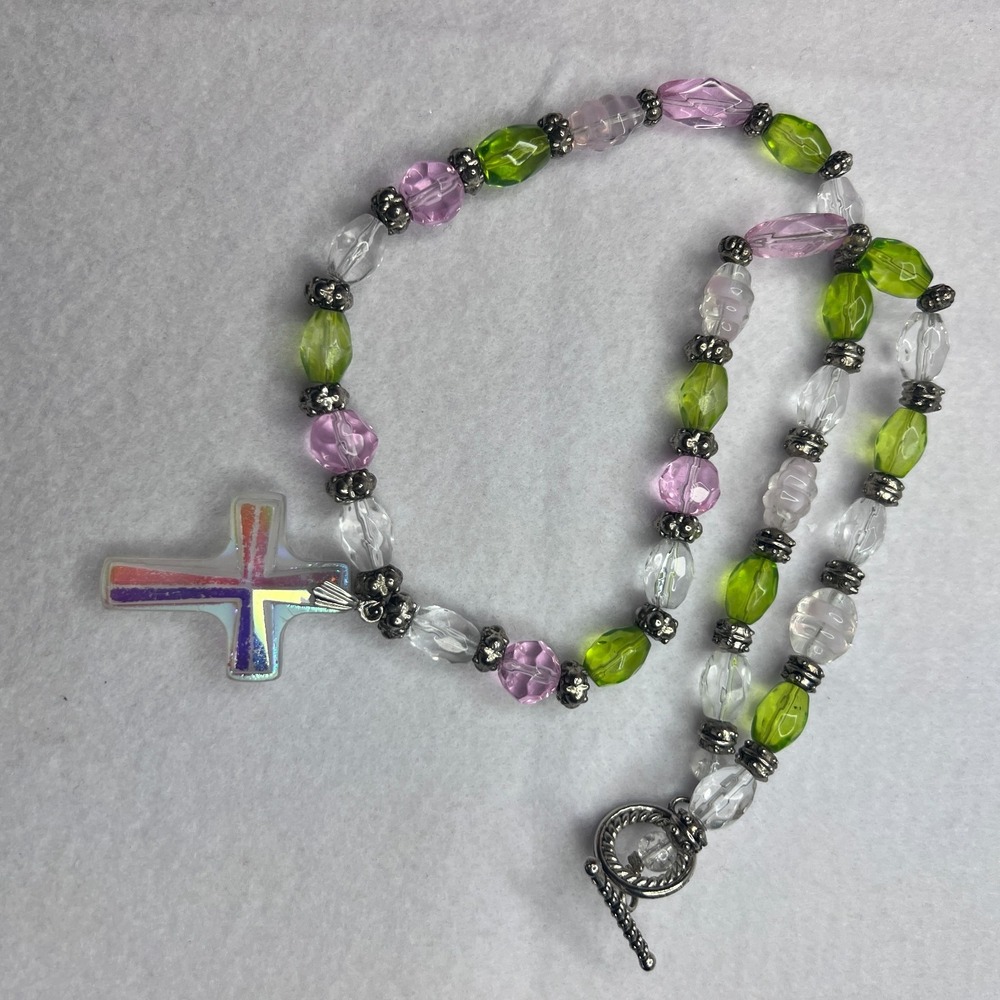 Iridescent Glass Cross Pendant Beaded Necklace Pink Green Clear Silver Tone 20" - Picture 4 of 7